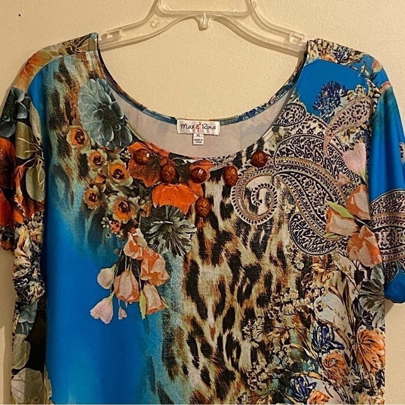 Max & Rina Women Size XL Tunic Colorful Cap Sleeve Top Round Neck Upper Beads - Picture 2 of 9